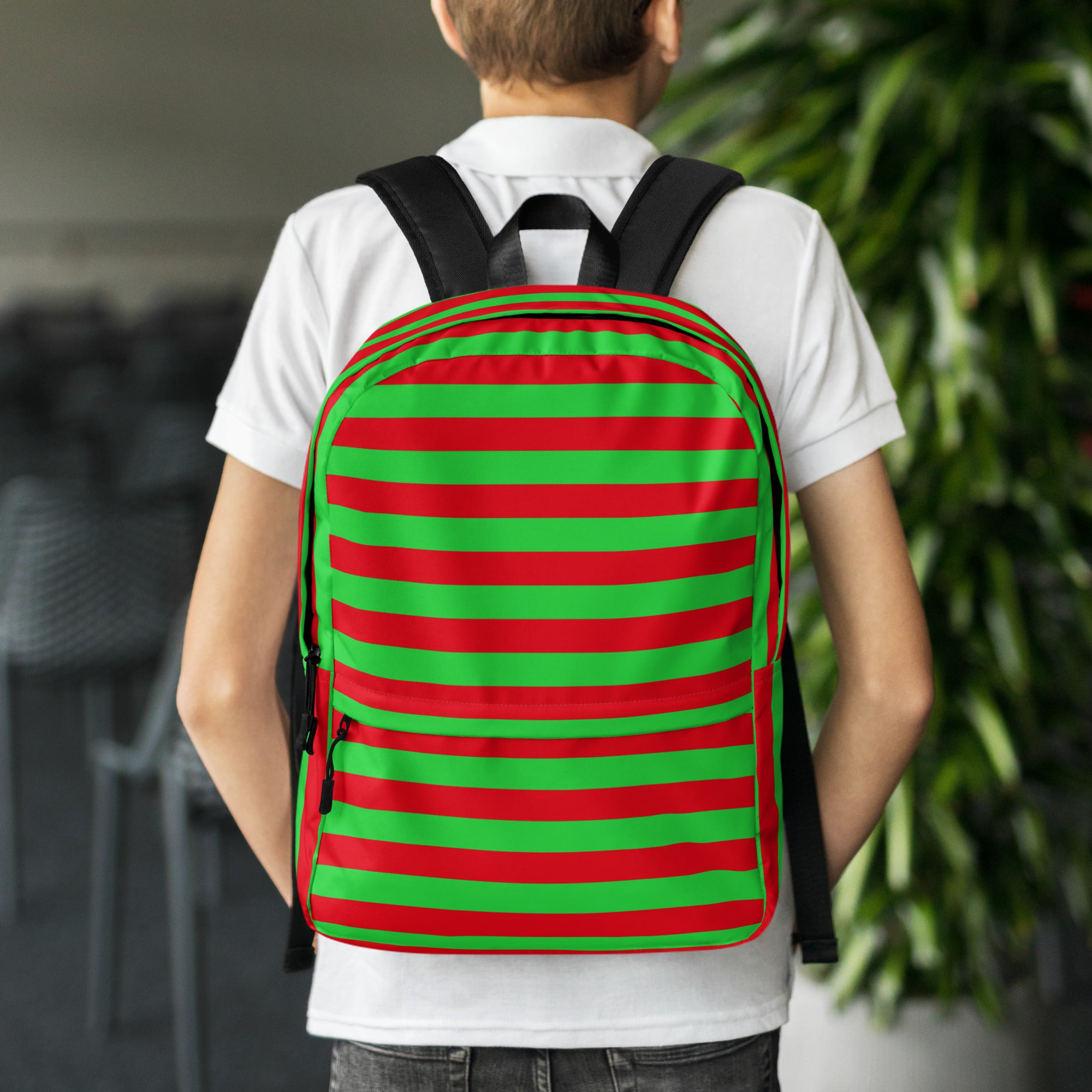 Kids Striped Red & Green Christmas Backpack - Water-Resistant School Bag With Adjustable Padded Straps & Breathable Mesh Back