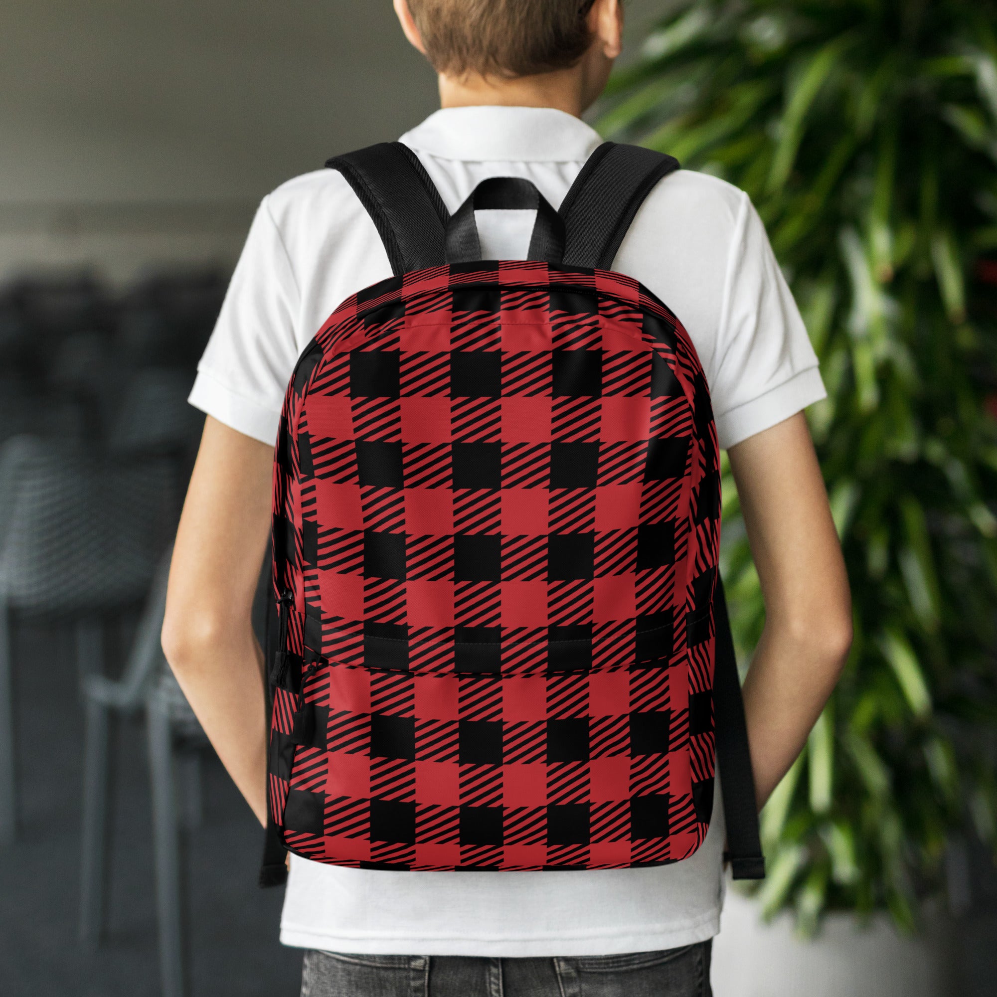 Kids Red Buffalo Plaid Backpack - Water-Resistant School Bag With Adjustable Padded Straps & Breathable Mesh Back