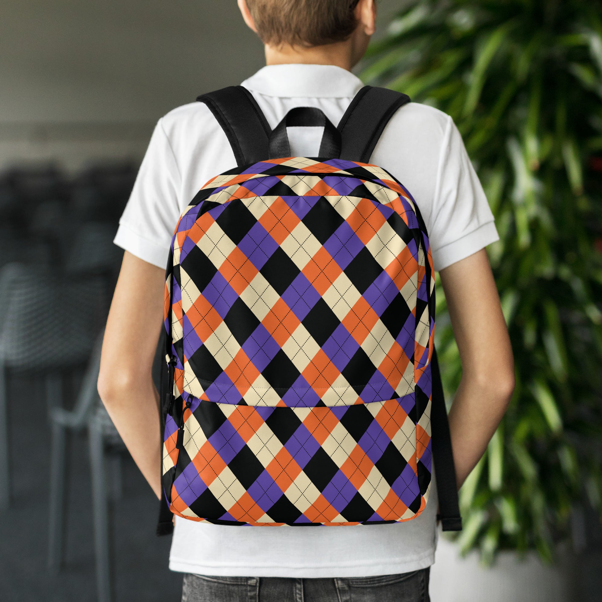 Kids Halloween Argyle Backpack - Water-Resistant School Bag With Adjustable Padded Straps & Breathable Mesh Back