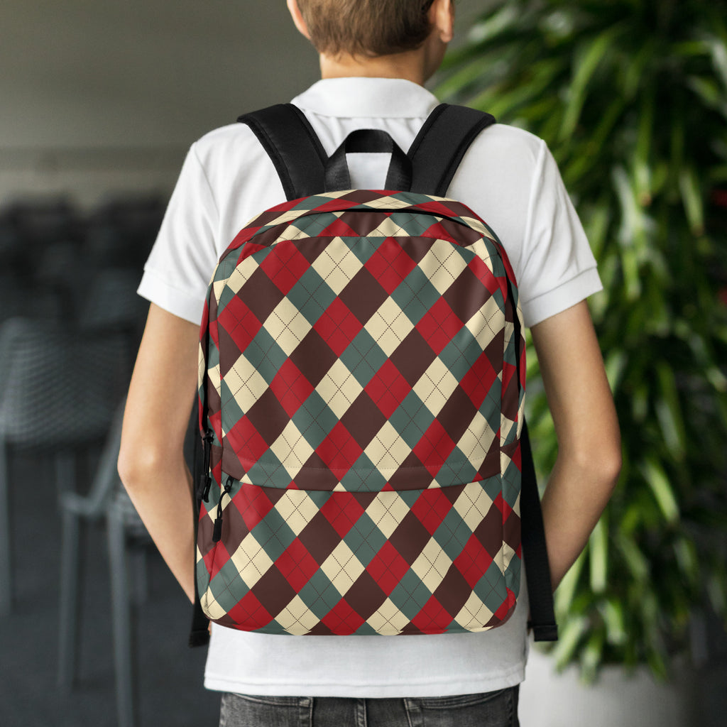 Kids Rustic Argyle Christmas Backpack - Water-Resistant School Bag With Adjustable Padded Straps & Breathable Mesh Back