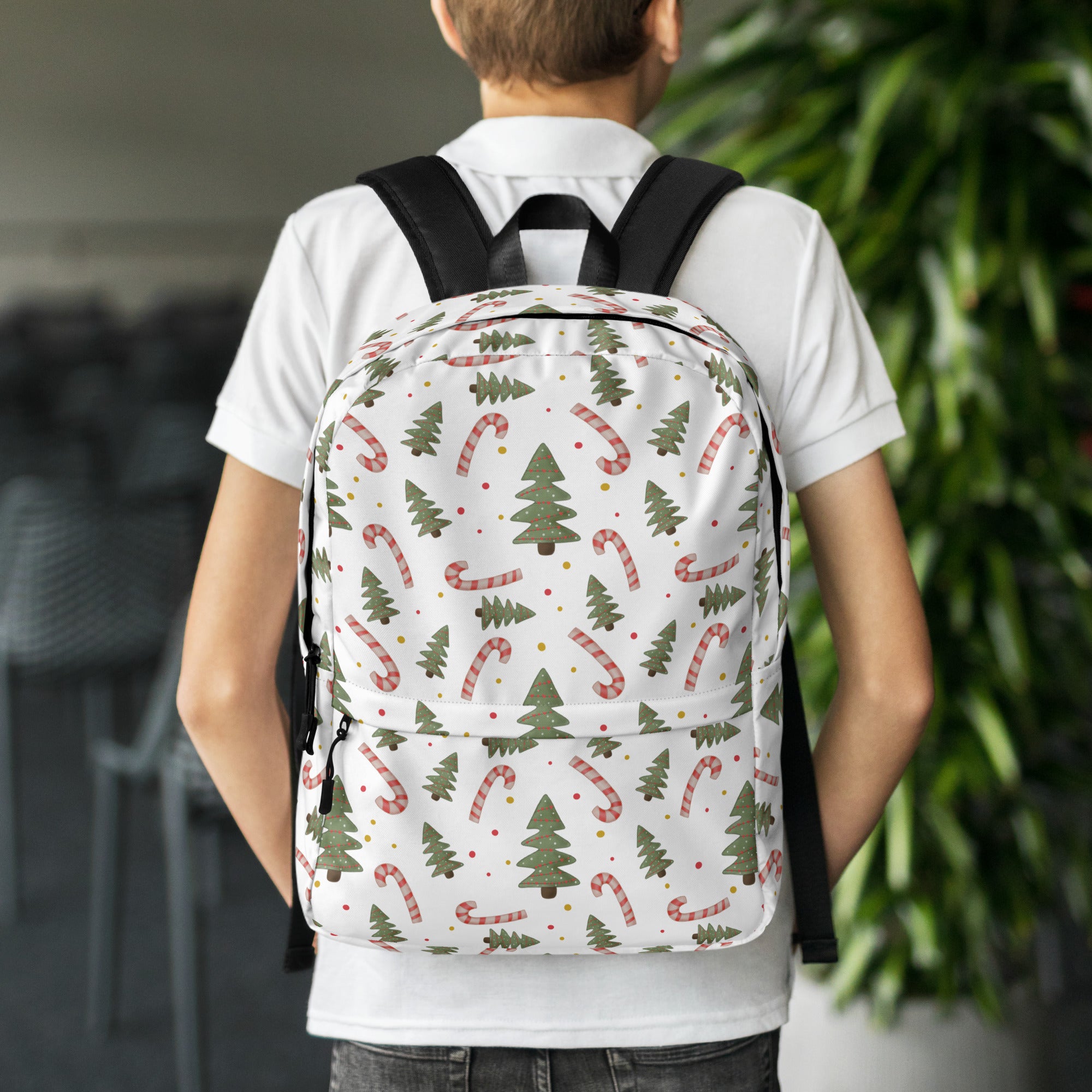 Kids Candy Cane Christmas Tree Backpack - Water-Resistant School Bag With Adjustable Padded Straps & Breathable Mesh Back