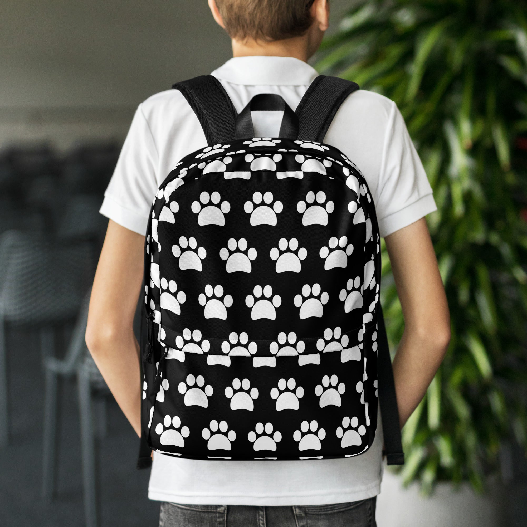 Kids Black Paw Print Backpack - Water-Resistant School Bag With Adjustable Padded Straps & Breathable Mesh Back