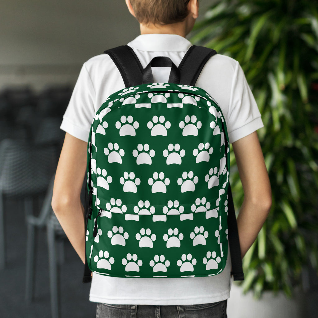 Kids Forest Green Paw Print Backpack - Water-Resistant School Bag With Adjustable Padded Straps & Breathable Mesh Back