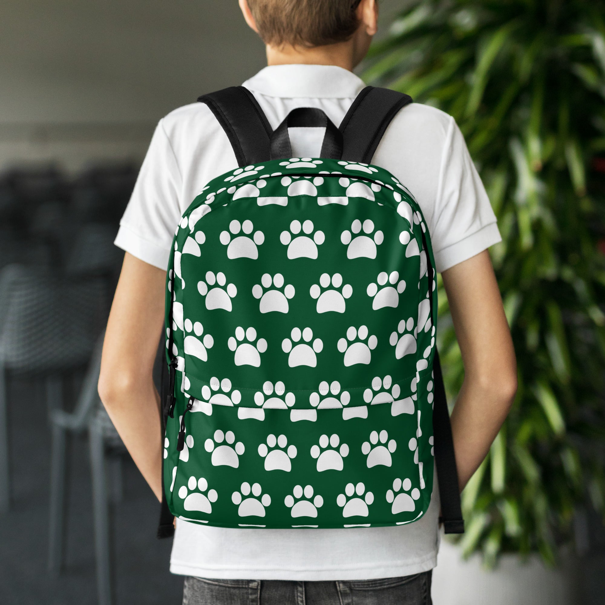 Kids Forest Green Paw Print Backpack - Water-Resistant School Bag With Adjustable Padded Straps & Breathable Mesh Back