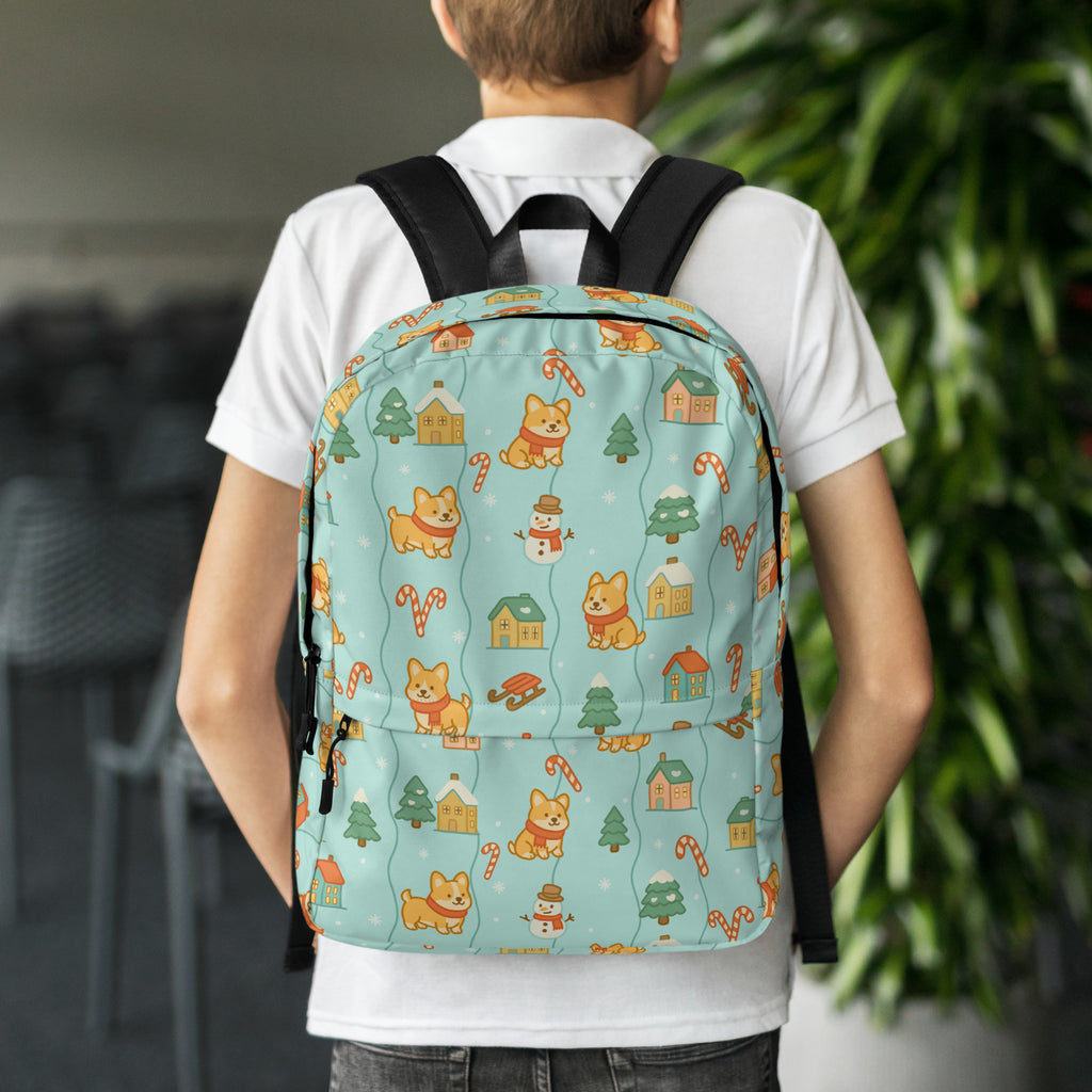 Kids Corgi Winter Winderland Backpack - Water-Resistant School Bag With Adjustable Padded Straps & Breathable Mesh Back