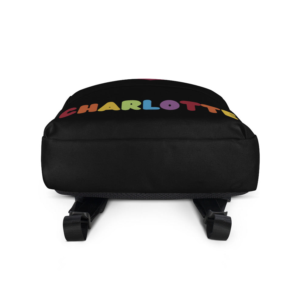 Black girls custom backpack with charlotte embroidered in rainbow letters and heart design on the front