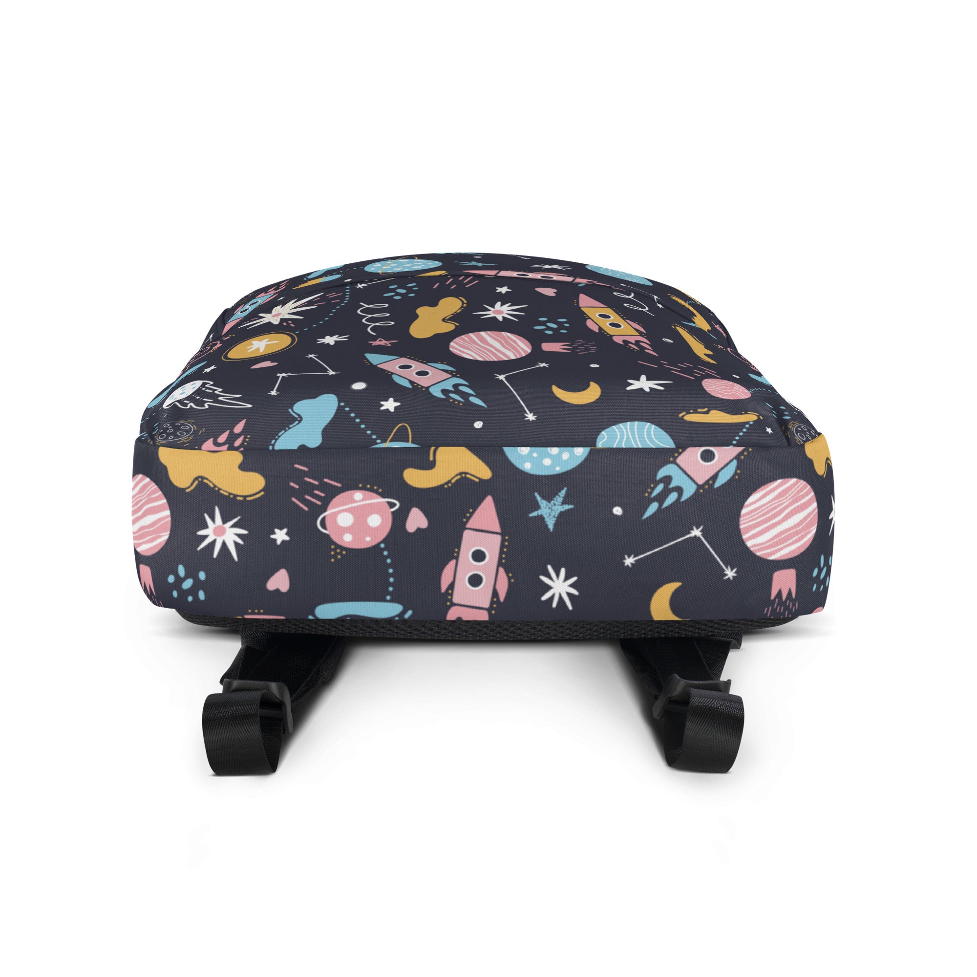 Kids outer space backpack in dark navy with playful pastel rockets planets and stars pattern for school use