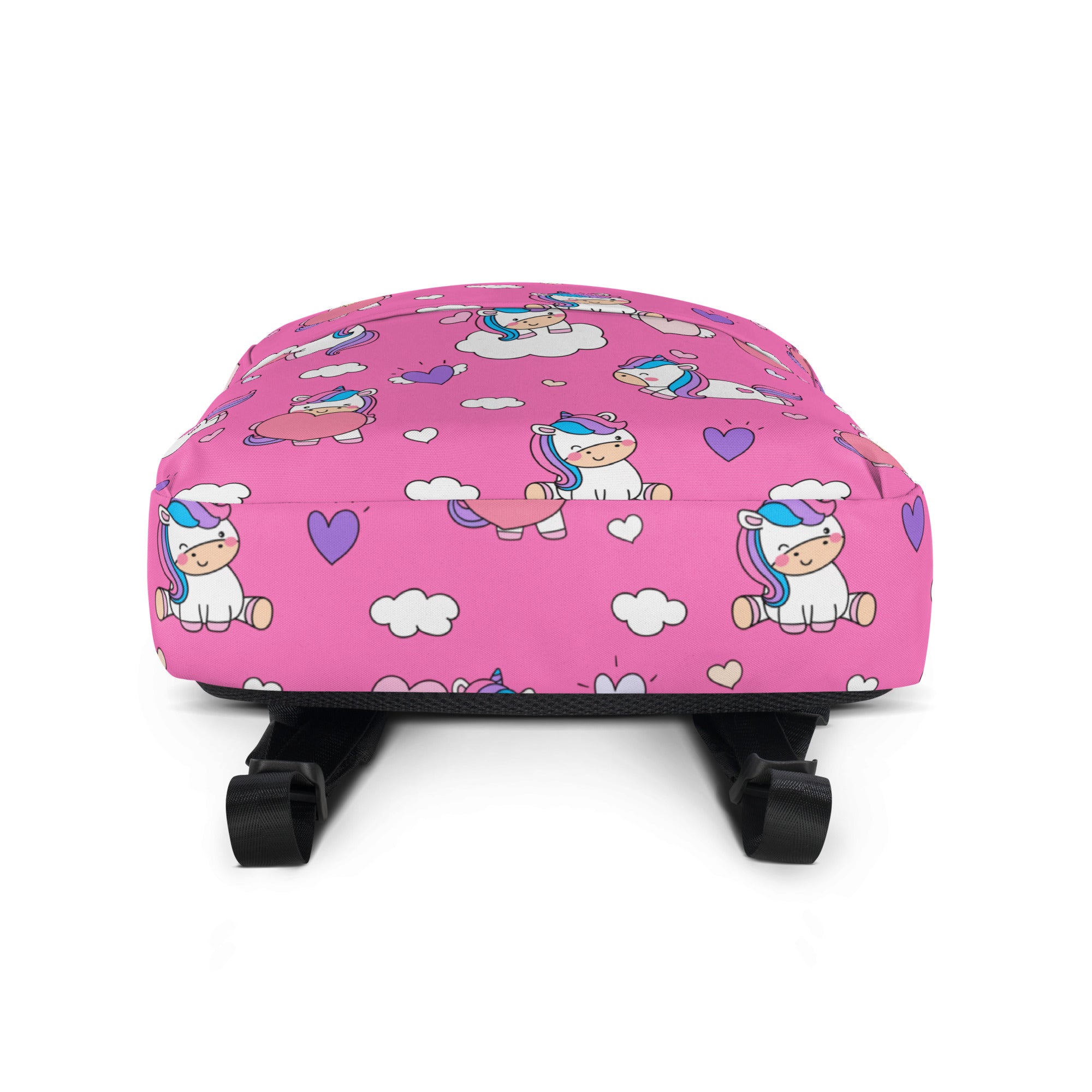 Pink girls unicorn hearts backpack with playful cartoon unicorns clouds and hearts pattern for school use