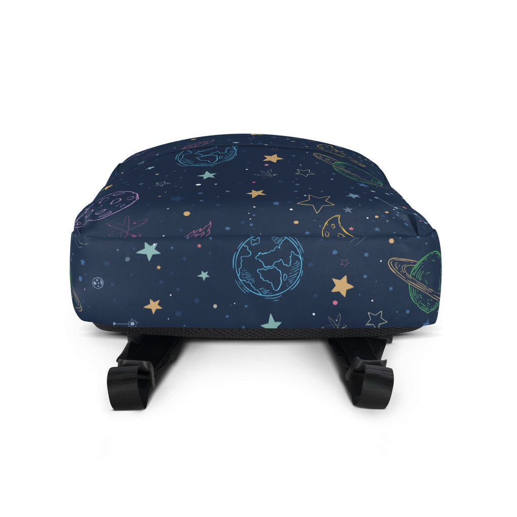 A navy blue kids colorful galaxy space backpack with whimsical pastel outlined planets stars and celestial bodies design