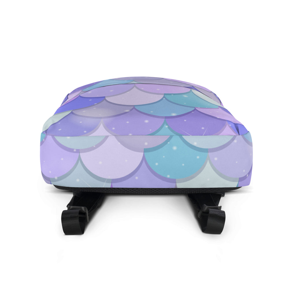 Girls purple mermaid backpack with vibrant purple and blue mermaid-scale pattern and subtle star-like speckles