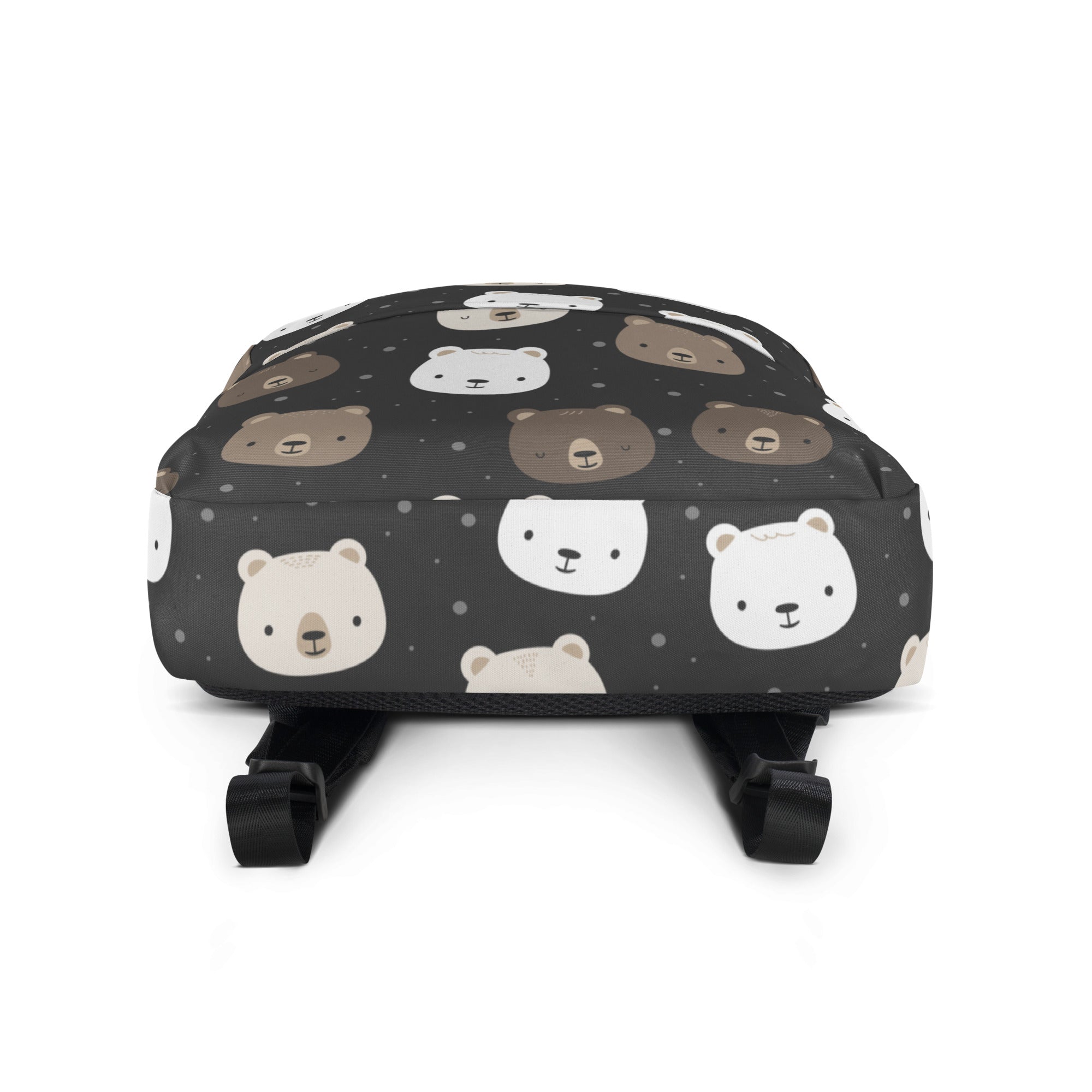 Black kids bear faces backpack with playful white and brown cartoon bear pattern on a dark background