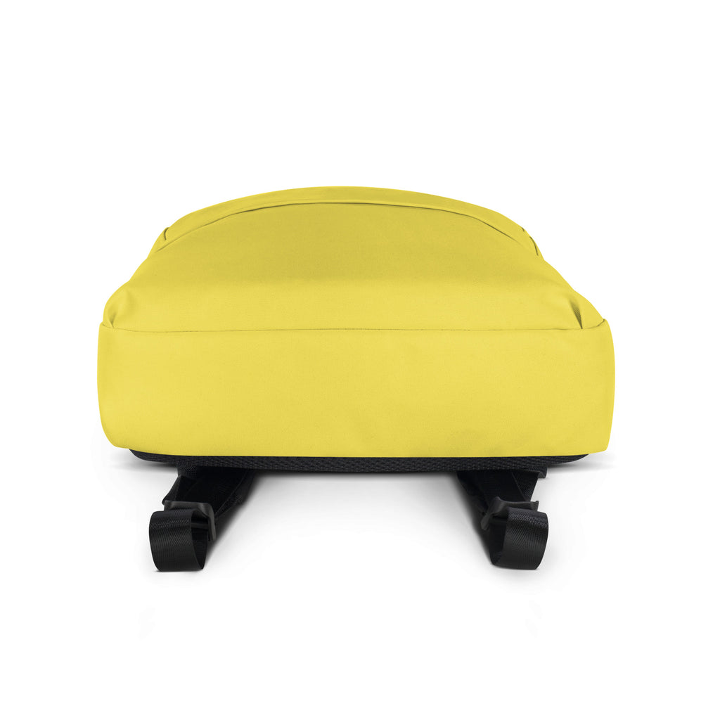 Kids yellow backpack with bright yellow body black base and adjustable shoulder straps shown from the back side