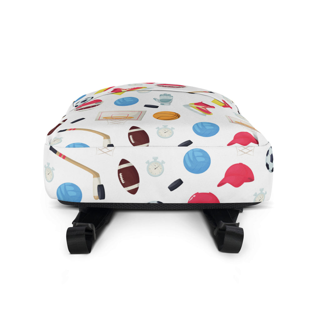 White kids sports themed backpack with colorful football basketball and helmet pattern for school and play