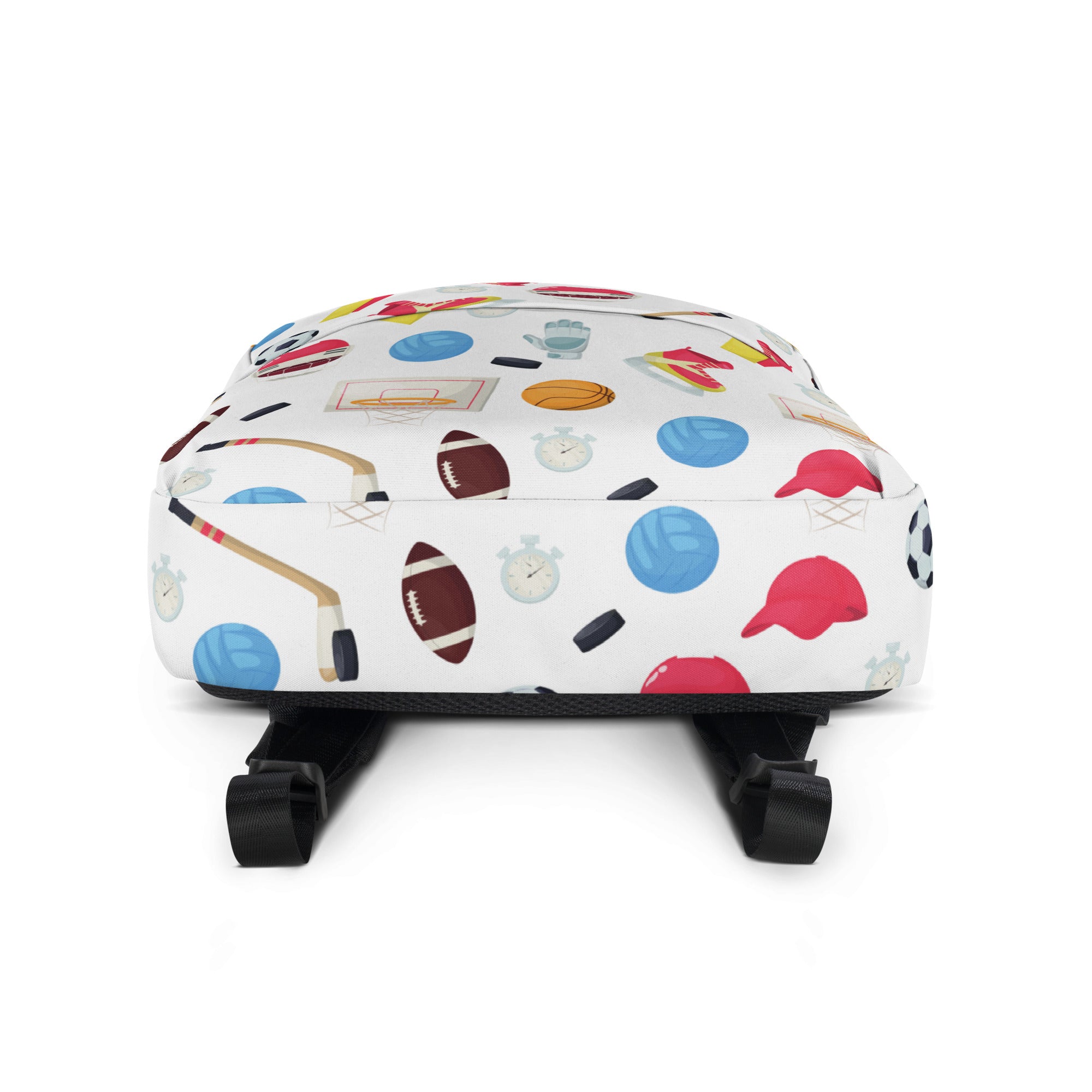 White kids sports themed backpack with colorful football basketball and helmet pattern for school and play