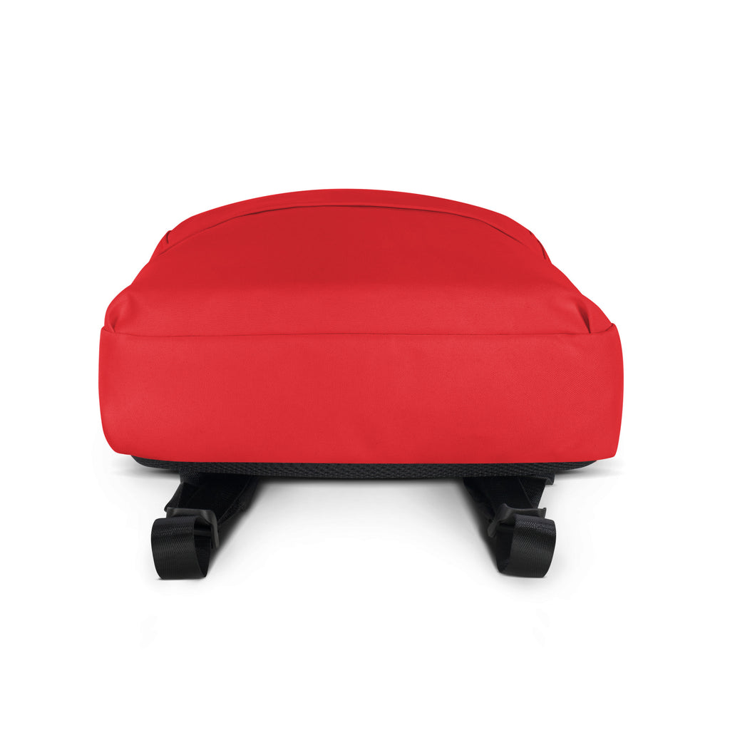 Kids red backpack with black base and adjustable shoulder straps shown from the back side