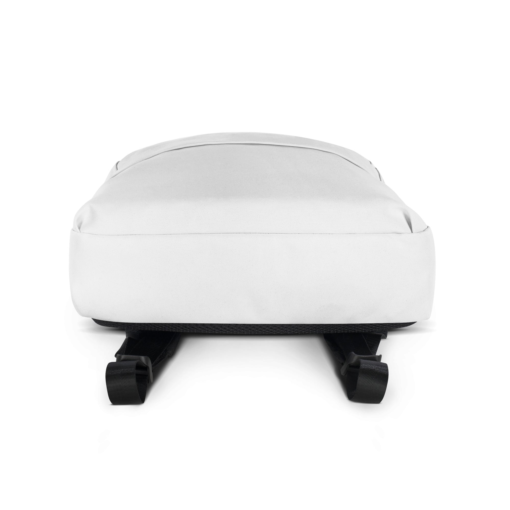 Kids white backpack with black adjustable shoulder straps and sleek minimalist design shown from the back side