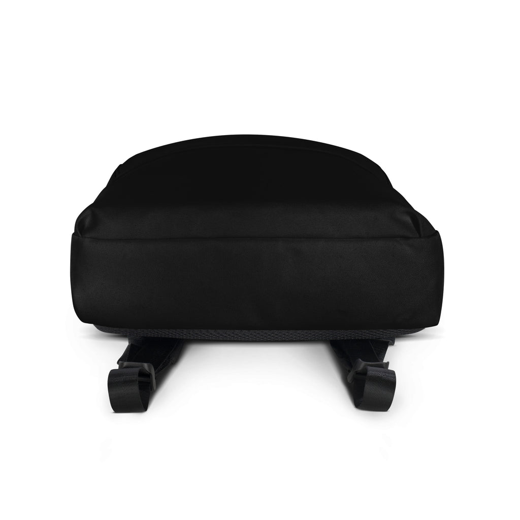 Kids black backpack made of nylon with padded shoulder straps and a reinforced base shown from the back side