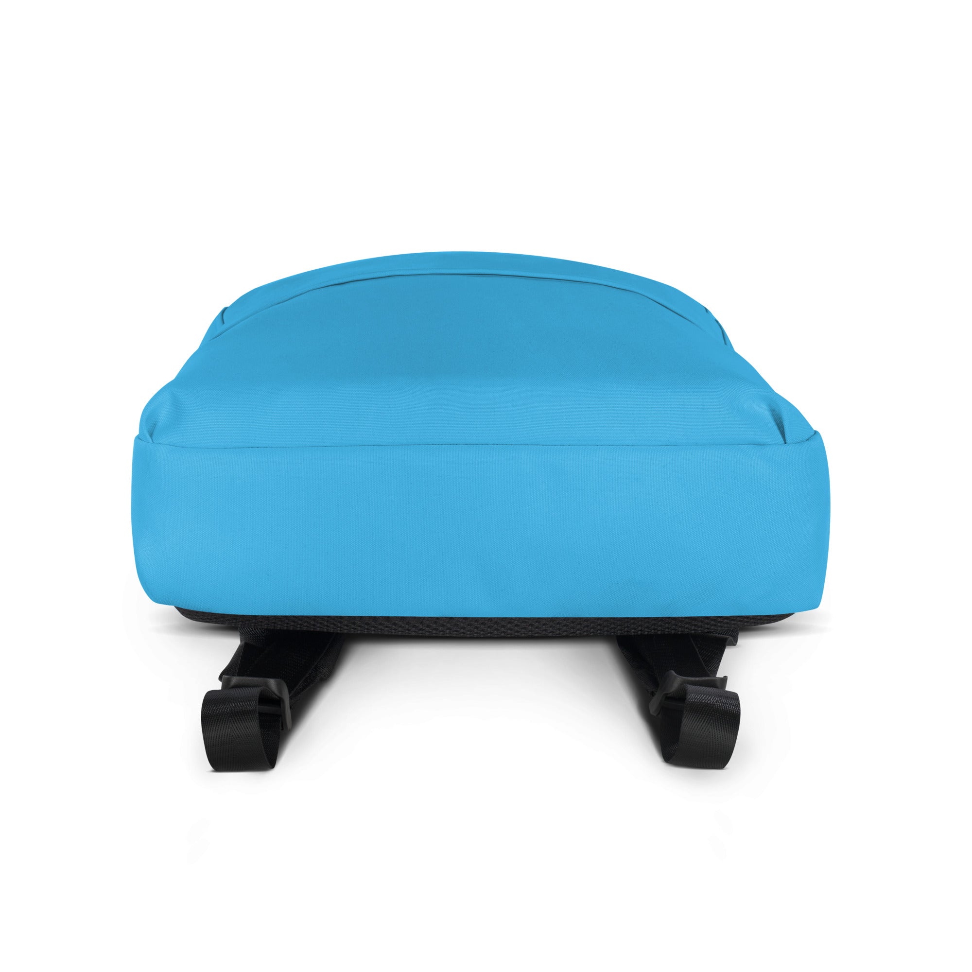 Kids sky blue backpack with bright blue fabric black adjustable shoulder straps and reinforced base shown from back side