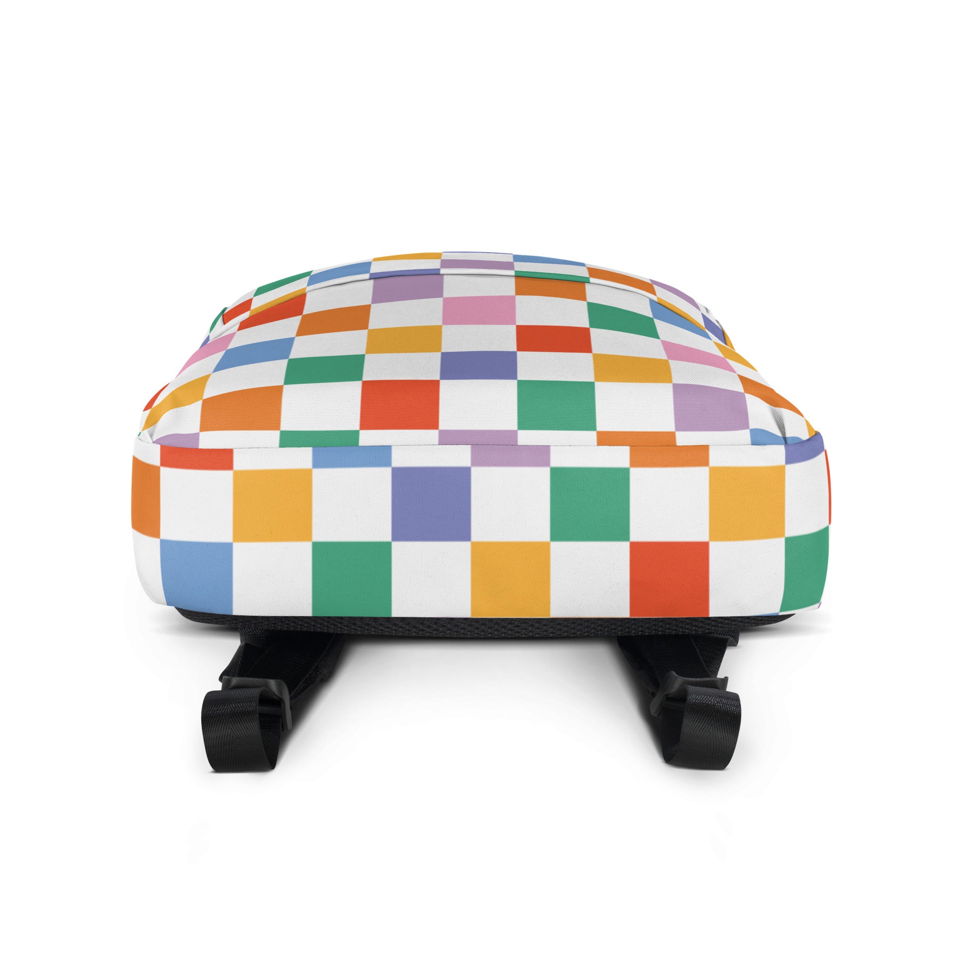 Kids rainbow checkerboard backpack with vibrant rainbow pattern and black adjustable straps for comfortable wear