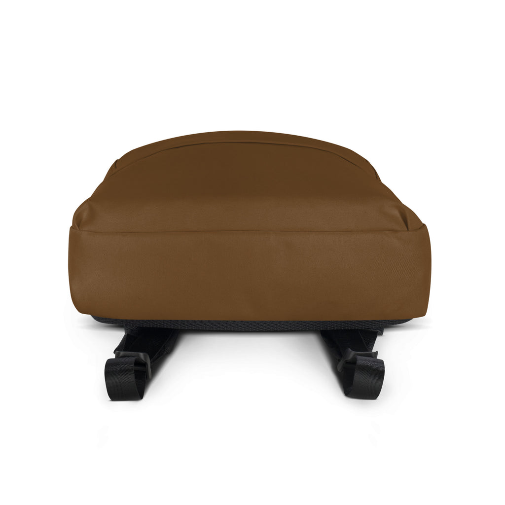 Kids brown backpack in brown canvas with black adjustable shoulder straps and reinforced base for durability