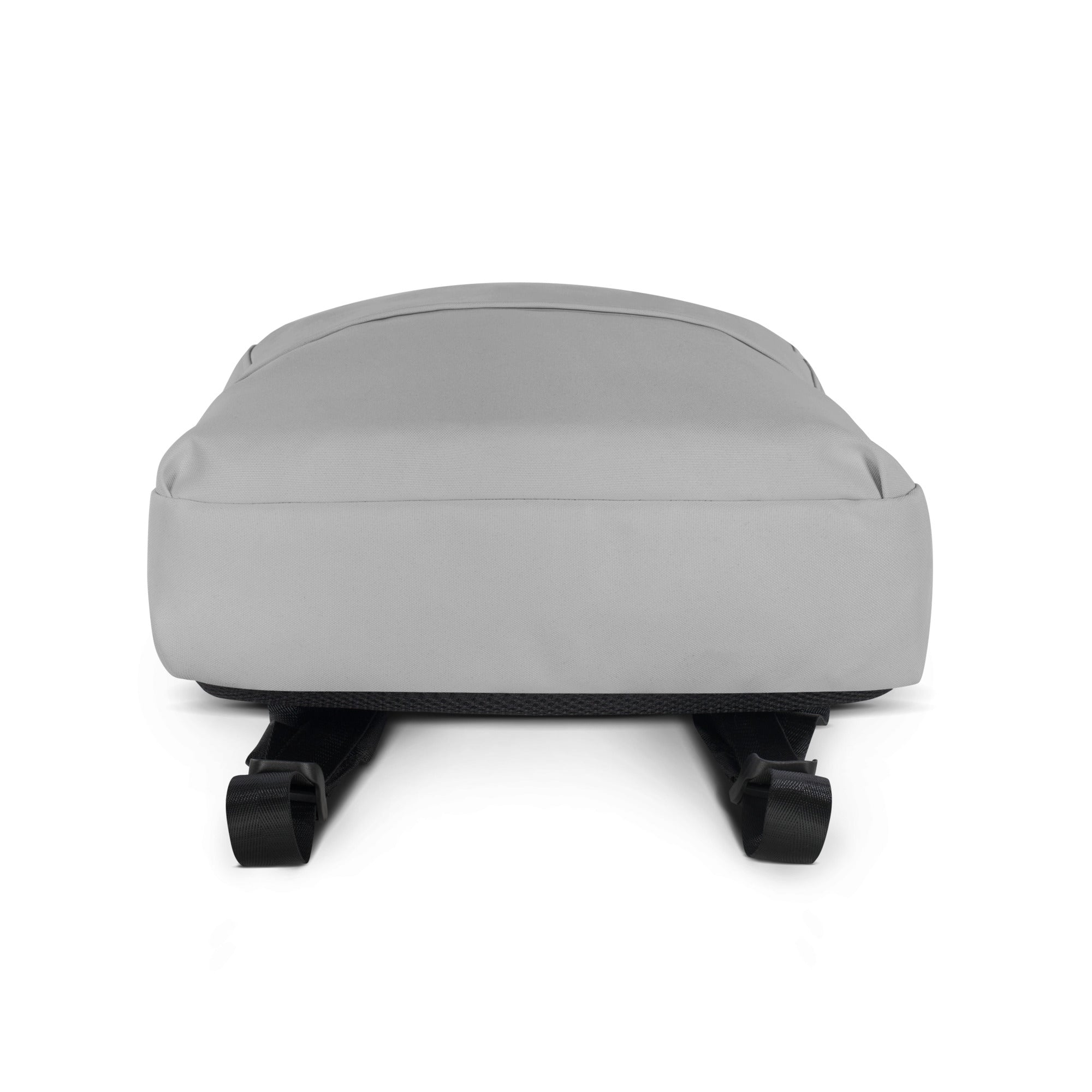 Kids gray backpack with black adjustable straps and wheels shown from the back side for easy transport