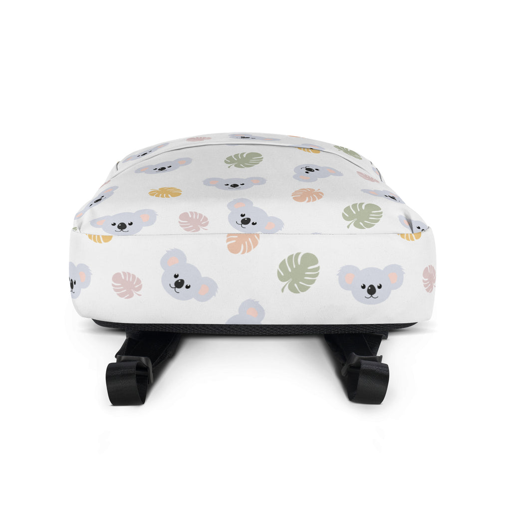 White girls koala bear backpack with playful gray koala faces and pastel tropical leaf pattern for everyday use