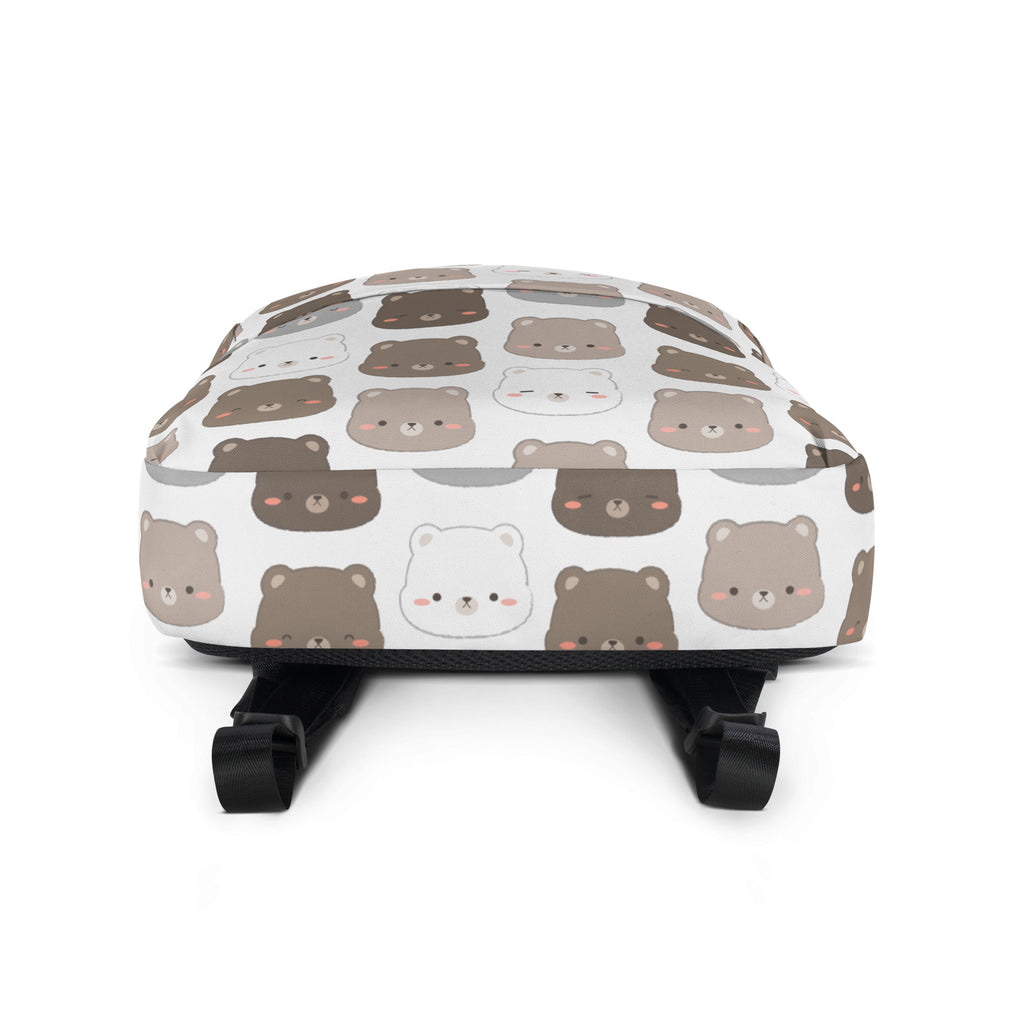 White kids kawaii bear print backpack with playful cartoon bear pattern in brown and gray shades with rosy cheeks