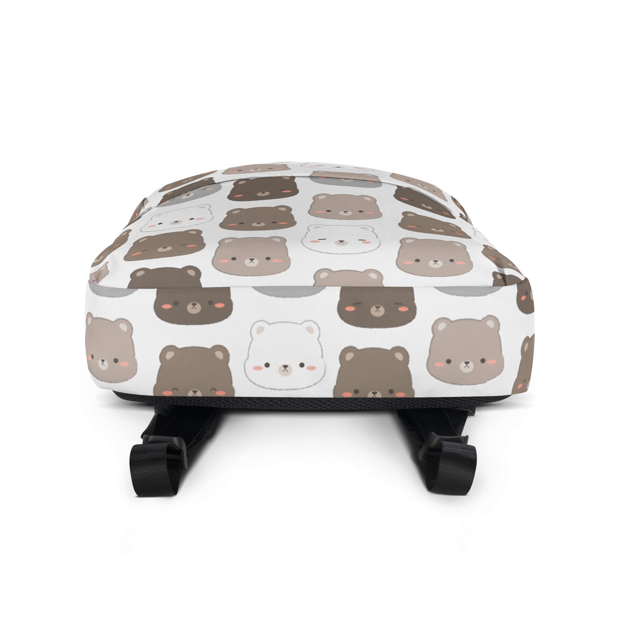 White kids kawaii bear print backpack with playful cartoon bear pattern in brown and gray shades with rosy cheeks