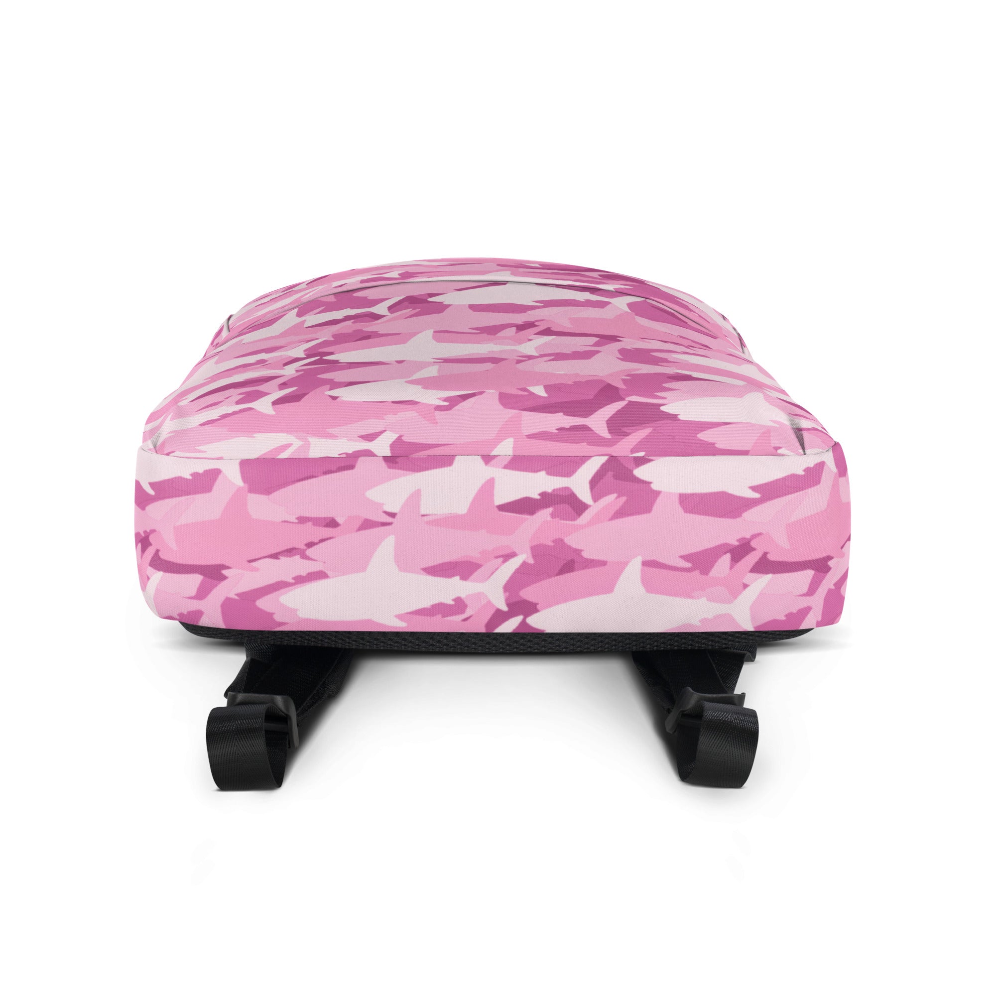 Girls pink sharks backpack showing back side with pink shark camouflage pattern and black adjustable straps