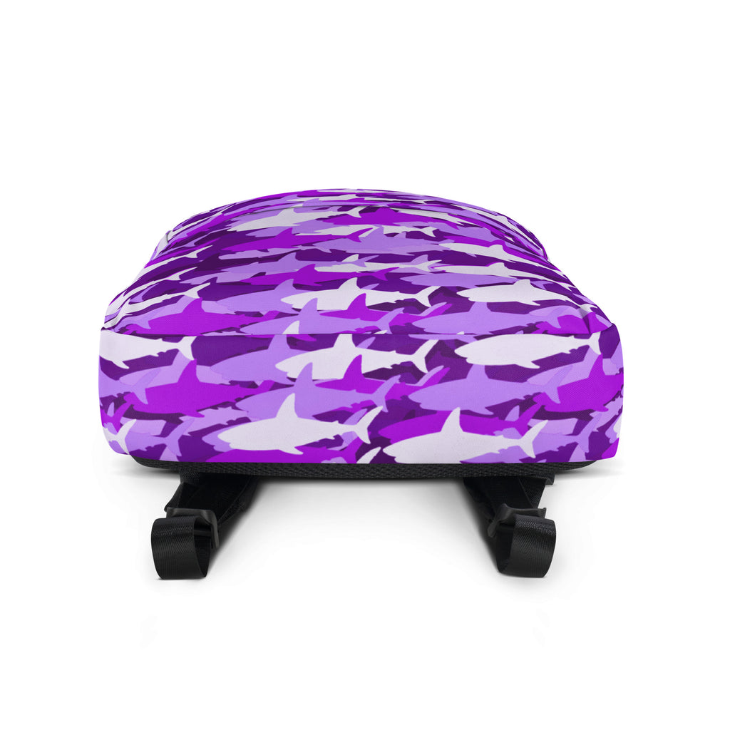 Girls purple sharks backpack with purple and white shark camouflage pattern and black adjustable straps