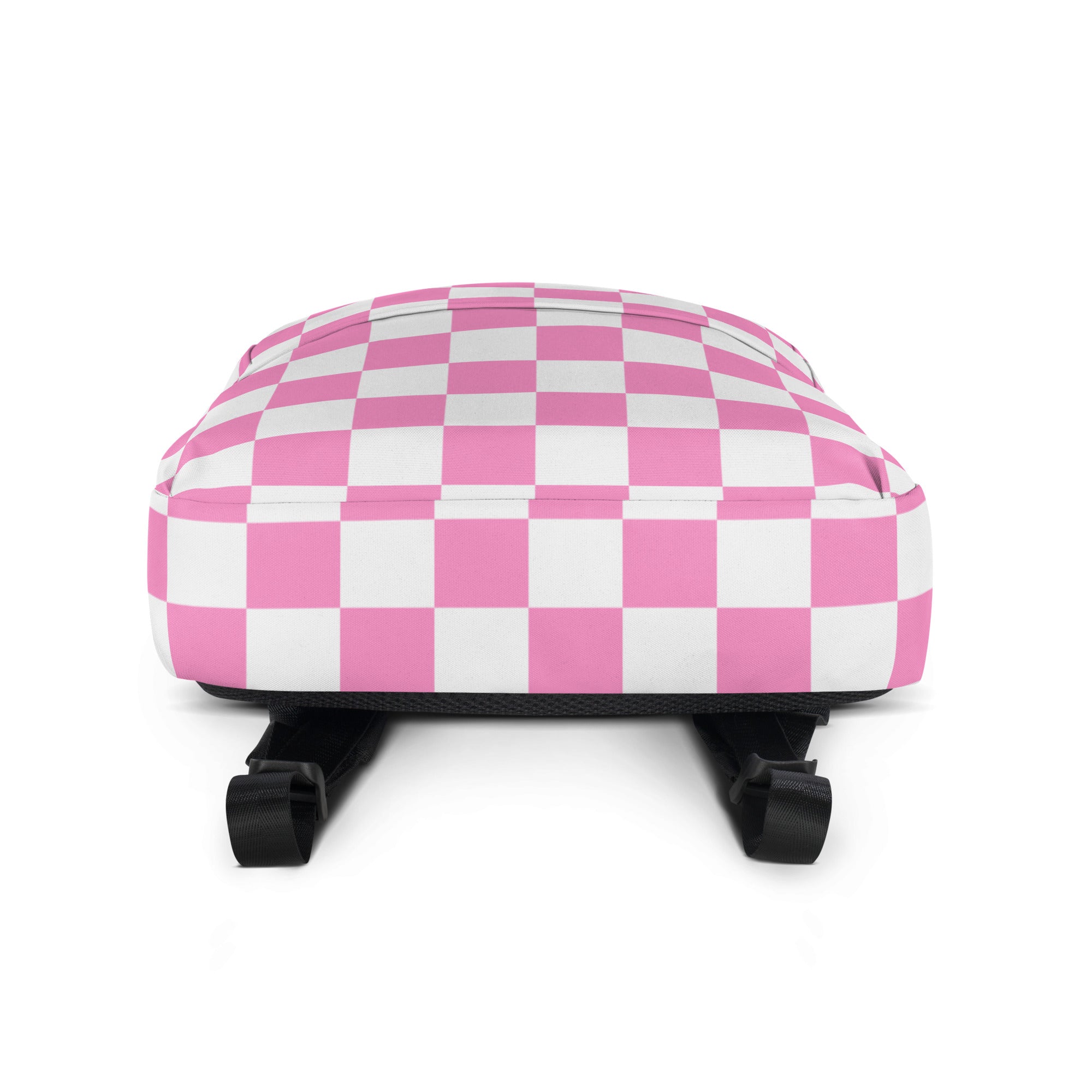 Girls pink checkerboard backpack with pink and white checkered pattern and black adjustable straps for school use