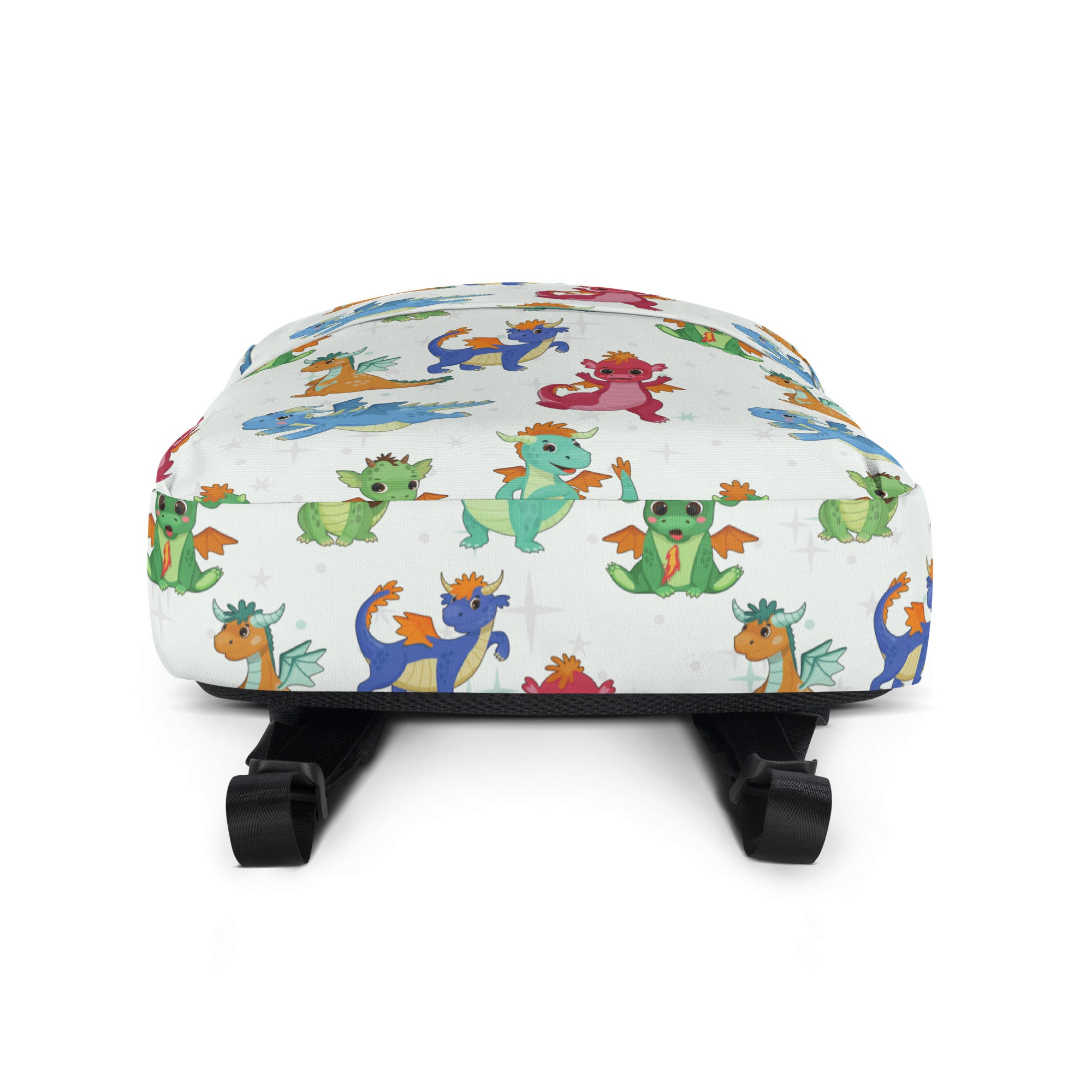 White kids cartoon dragons backpack with playful colorful dragon pattern and durable material for school use