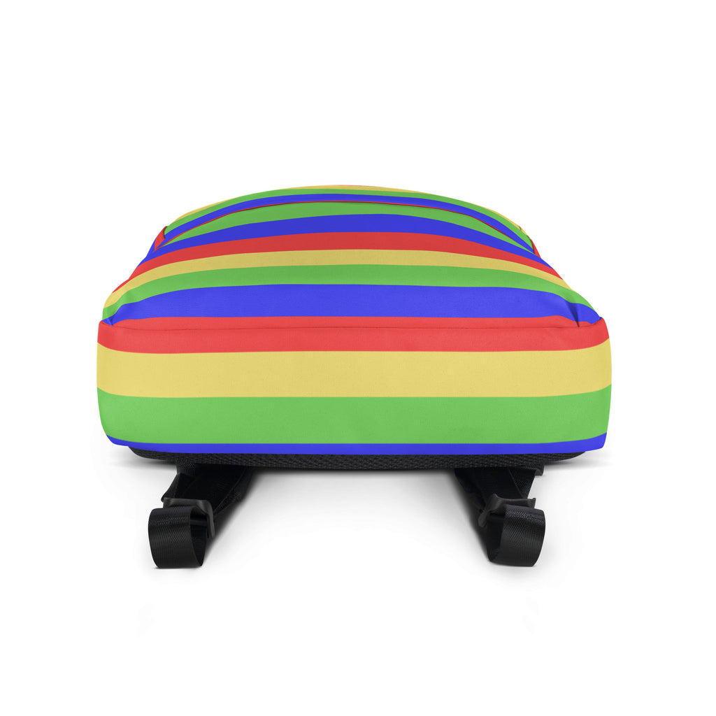 Kids colorful stripes backpack with bold rainbow-striped horizontal bands in red orange yellow green blue and purple