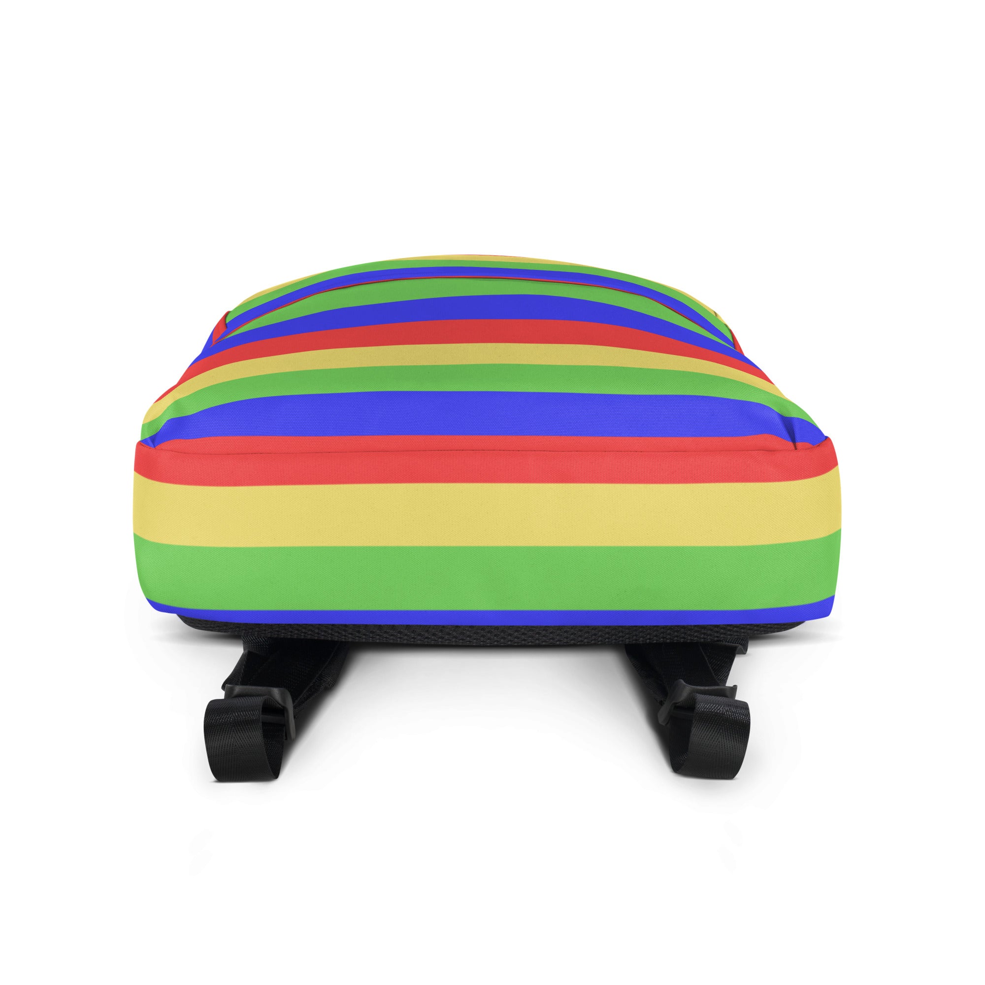 Kids colorful stripes backpack with bold rainbow-striped horizontal bands in red orange yellow green blue and purple