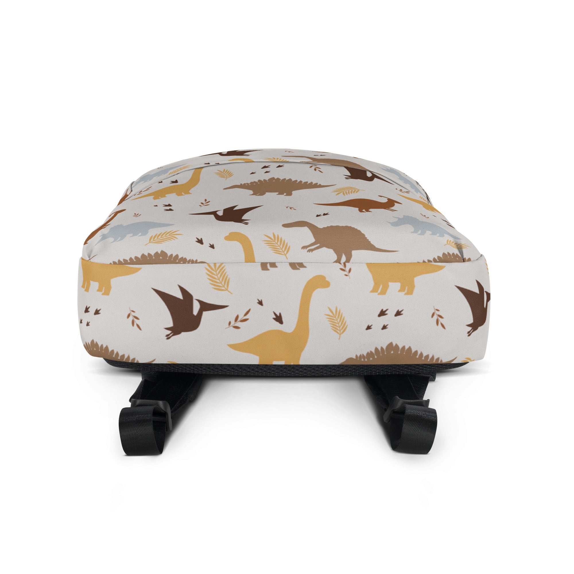 Beige kids dinosaur print backpack with playful brown and gold dinosaur and foliage pattern for school use