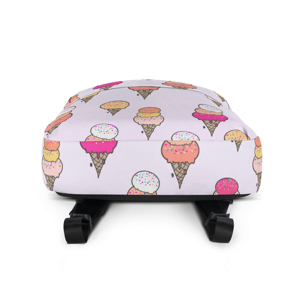 Pastel lavender girls ice cream cone backpack with colorful cartoon ice cream cone pattern for kids school use