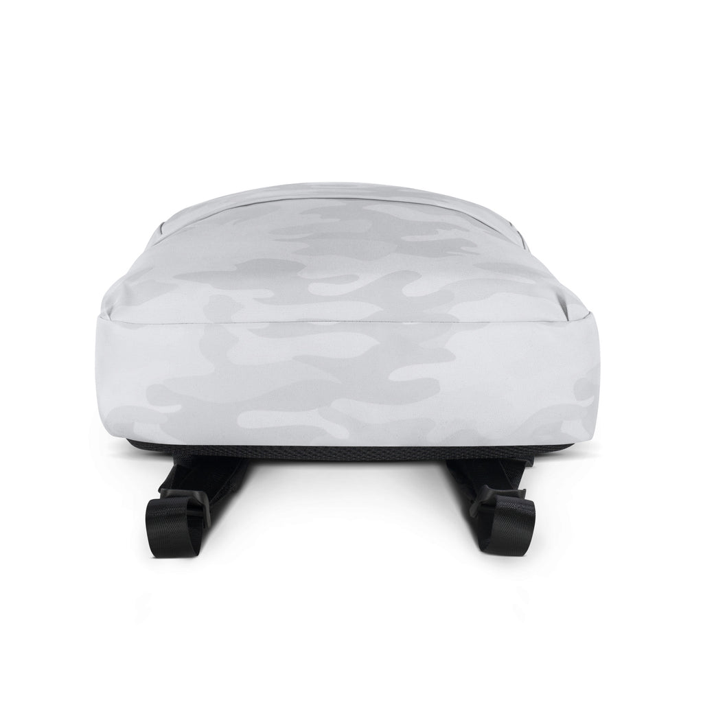 Kids white camouflage backpack with sleek pattern black base and straps designed for durability and style