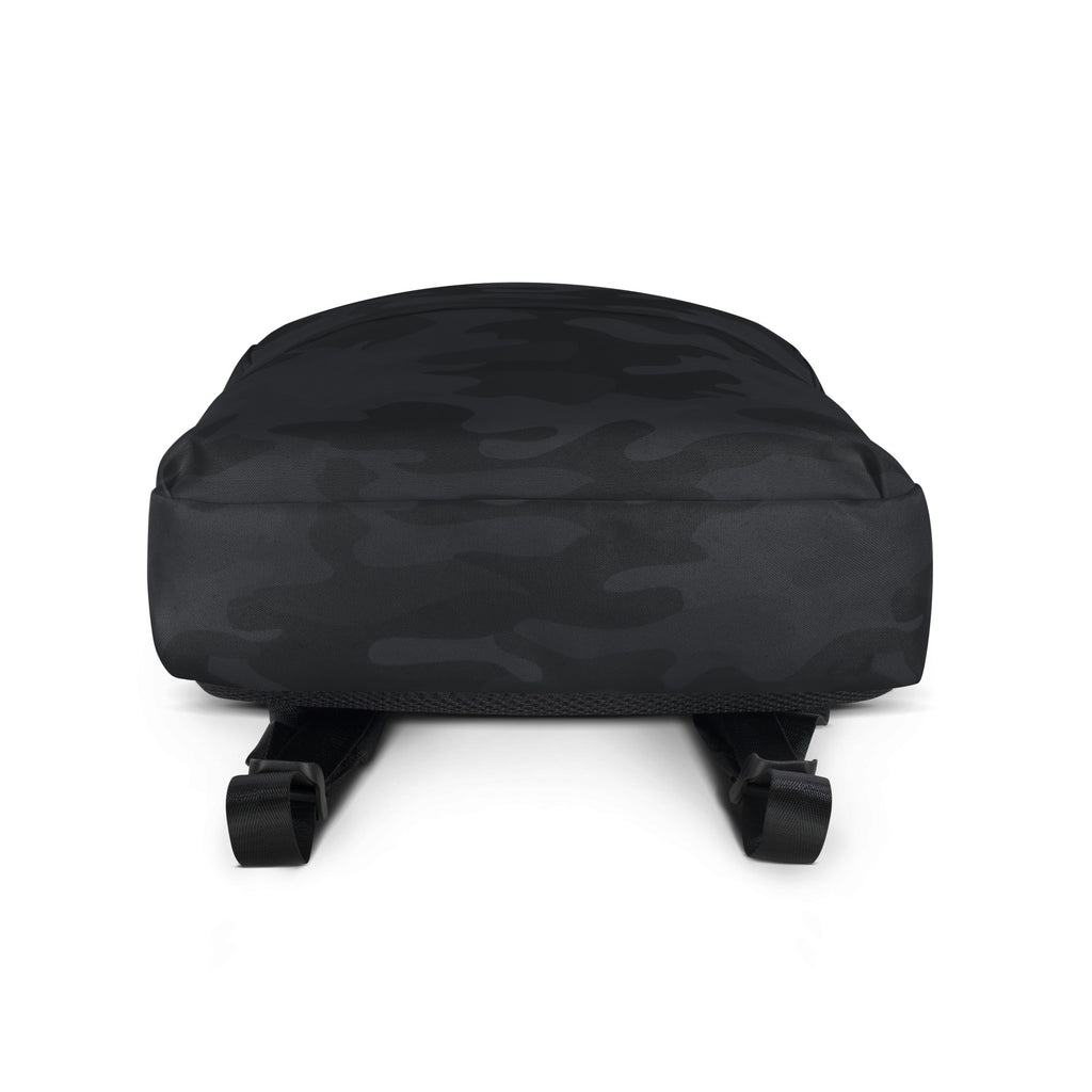 Kids black camouflage backpack made of durable fabric with adjustable shoulder straps shown from the back side