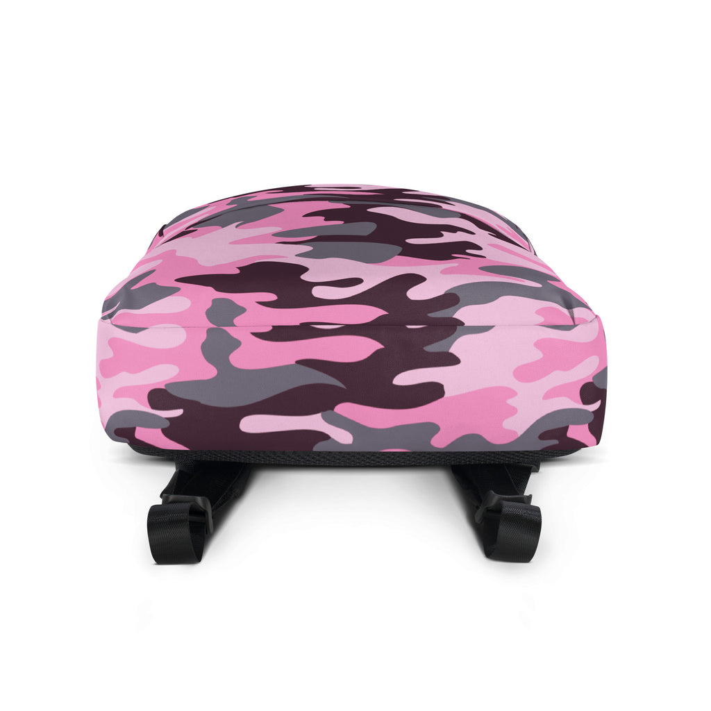 Girls pink camouflage backpack with pink and gray pattern and black straps for school and outdoor use