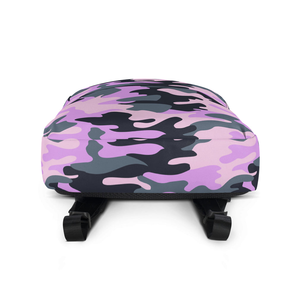 Girls purple camouflage backpack with pink and black pattern and black straps shown from the back side