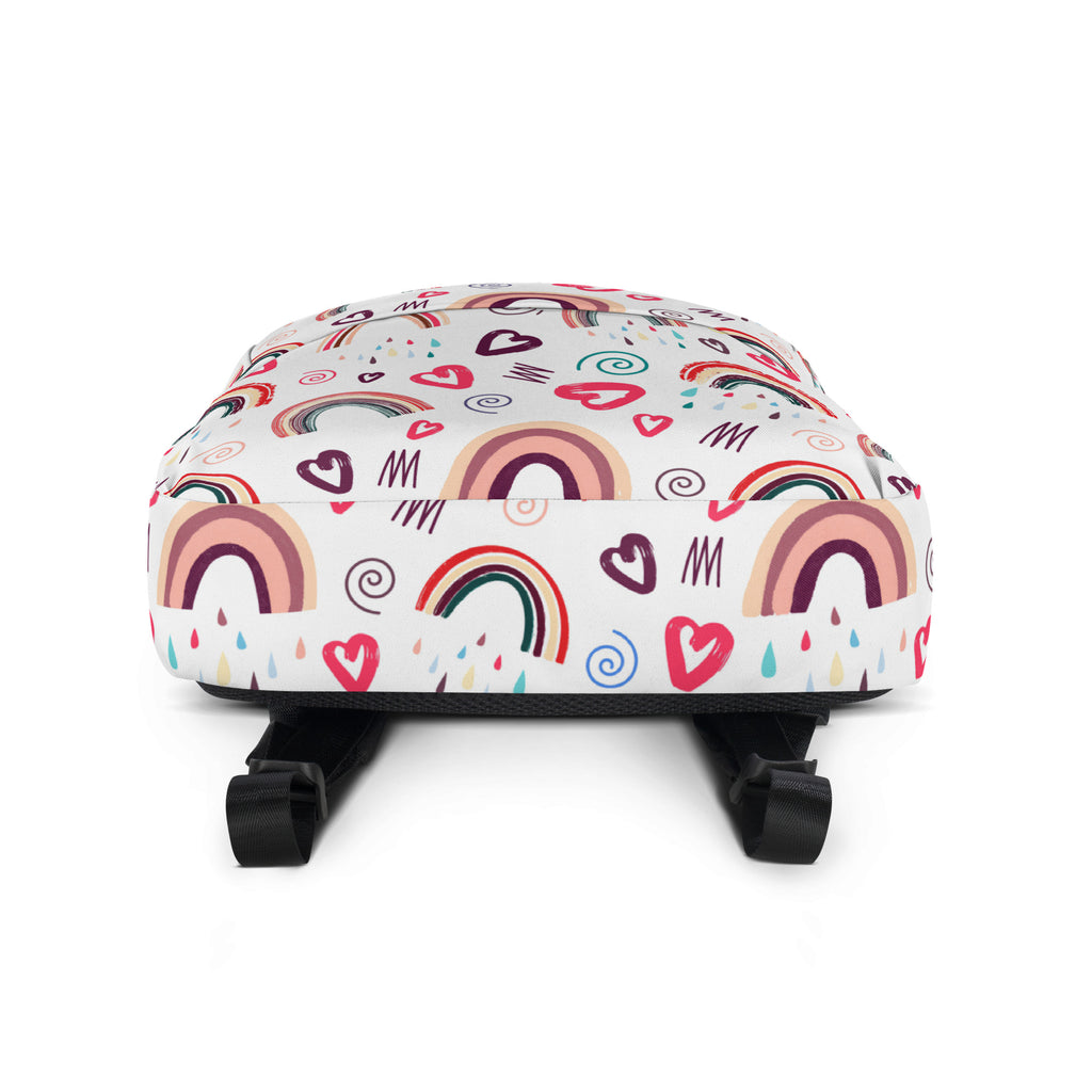 White girls rainbow hearts doodle backpack with playful pastel rainbows hearts and swirls pattern