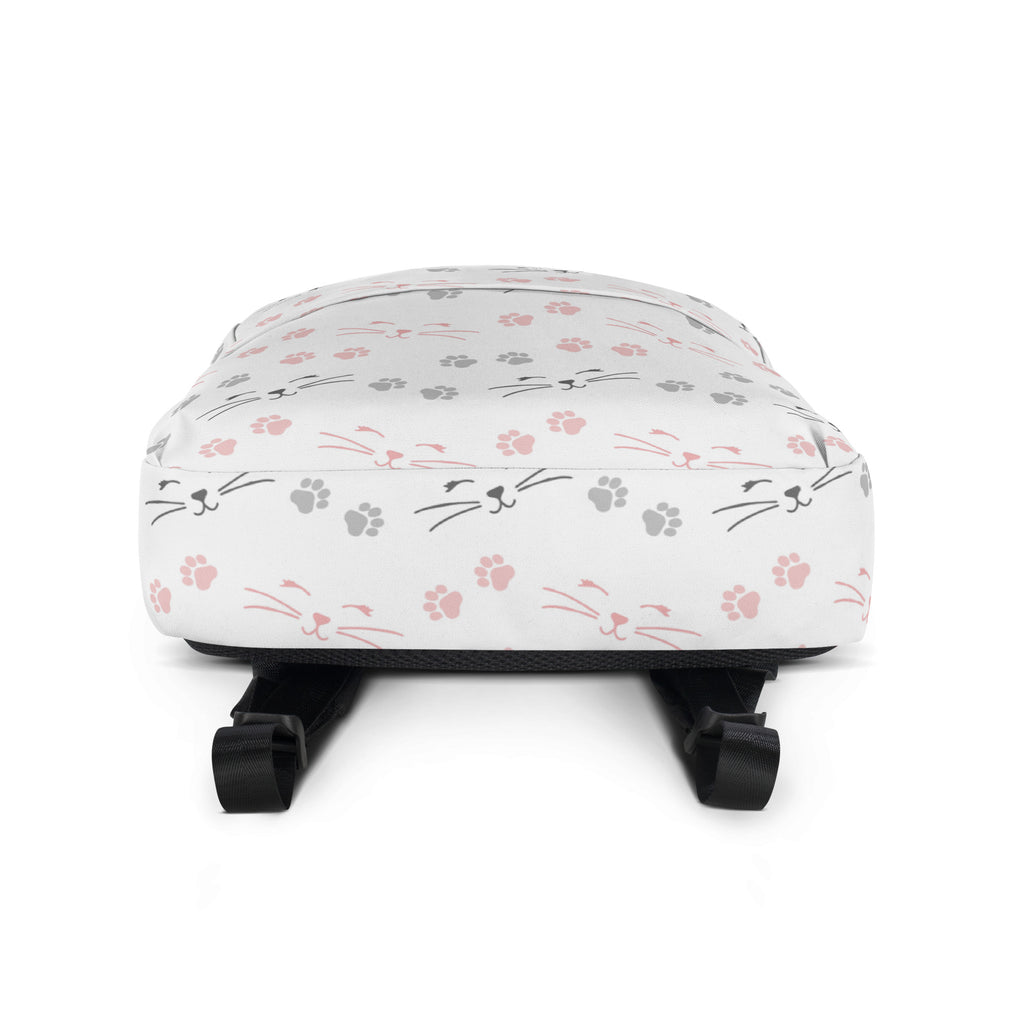 White girls paw print cat backpack with pink paw prints and gray cat faces featuring whiskers