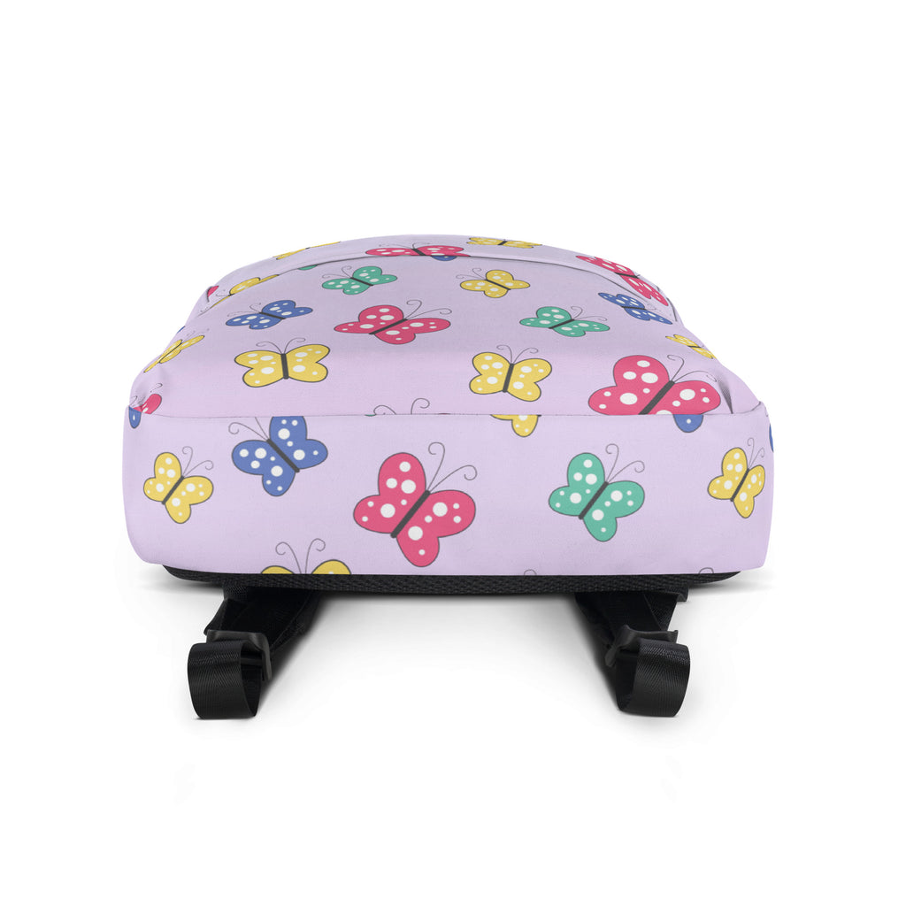 Pastel lavender girls colorful butterfly backpack with playful pink yellow blue and green cartoon butterfly pattern