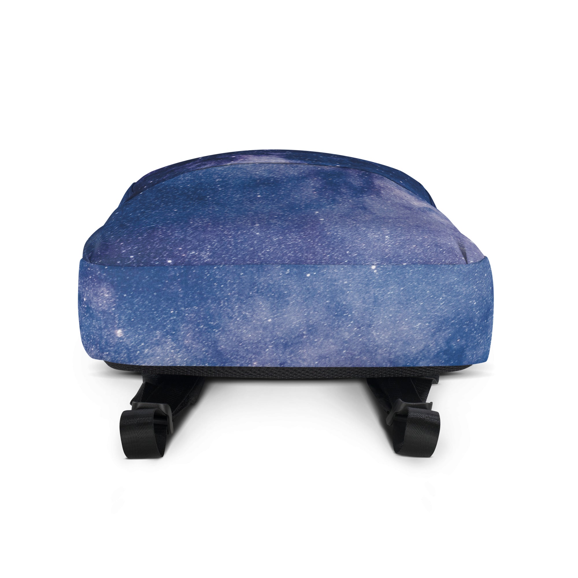 A kids realistic galaxy backpack in blue with black straps and wheels showing the back side of the bag