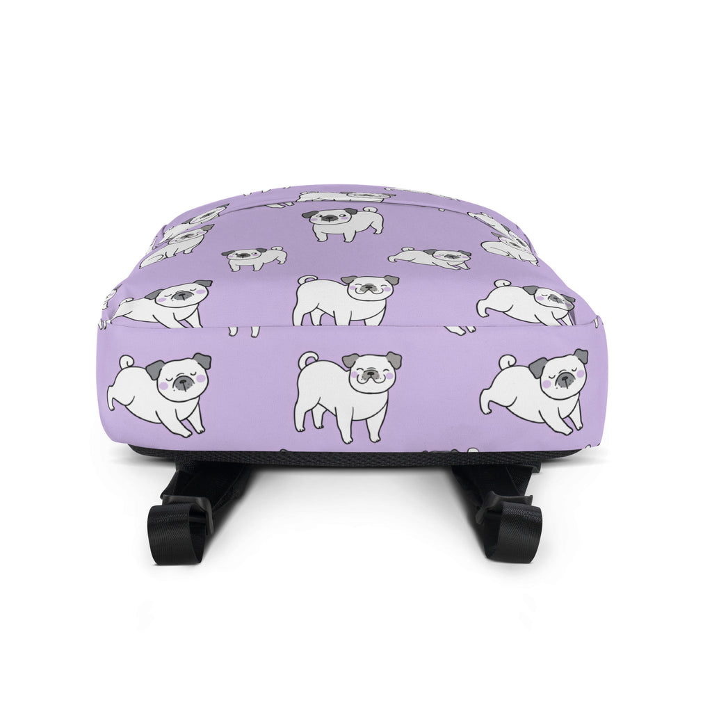 Girls purple pug backpack in lavender with a repeating pattern of cartoon white and gray pugs