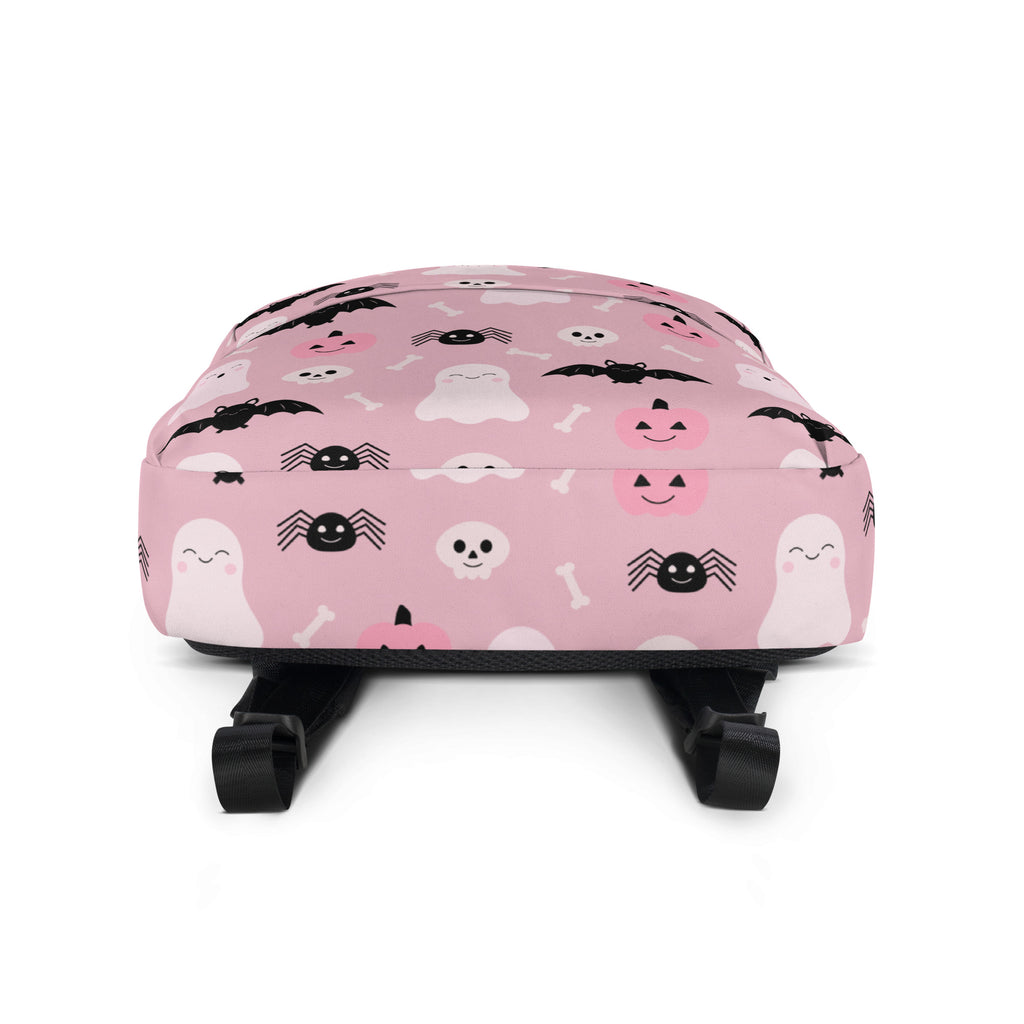 Girls Cute Ghost And Bats Pink Halloween Backpack - Water-Resistant School Bag With Adjustable Padded Straps & Breathable Mesh Back
