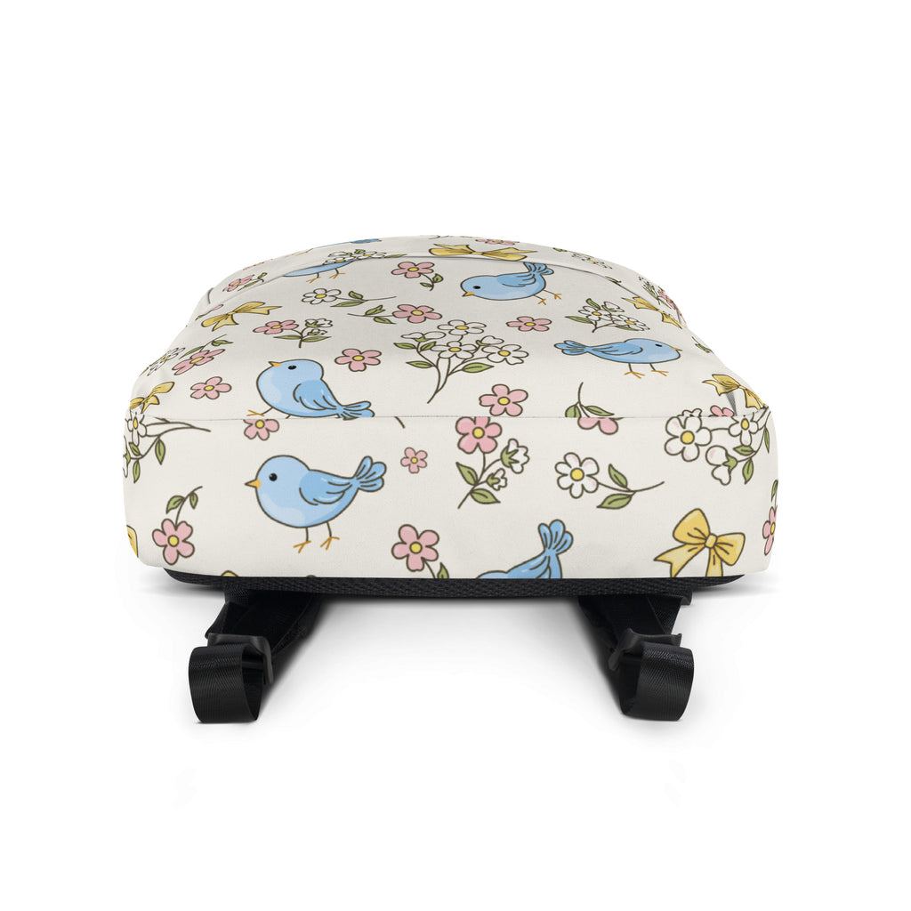 Girls Blue Bird Floral Backpack - Water-Resistant School Bag With Adjustable Padded Straps & Breathable Mesh Back