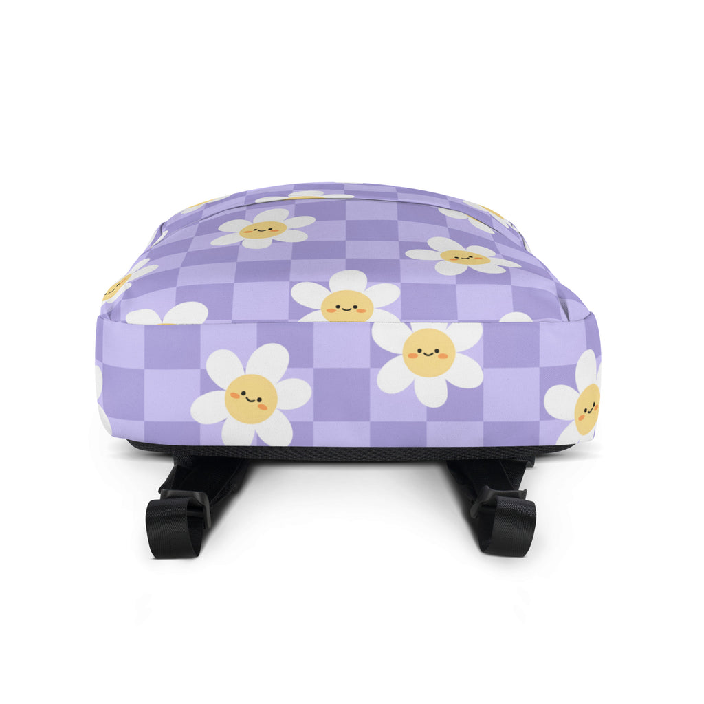 Girls Purple Daisy Checkered Backpack - Water-Resistant School Bag With Adjustable Padded Straps & Breathable Mesh Back