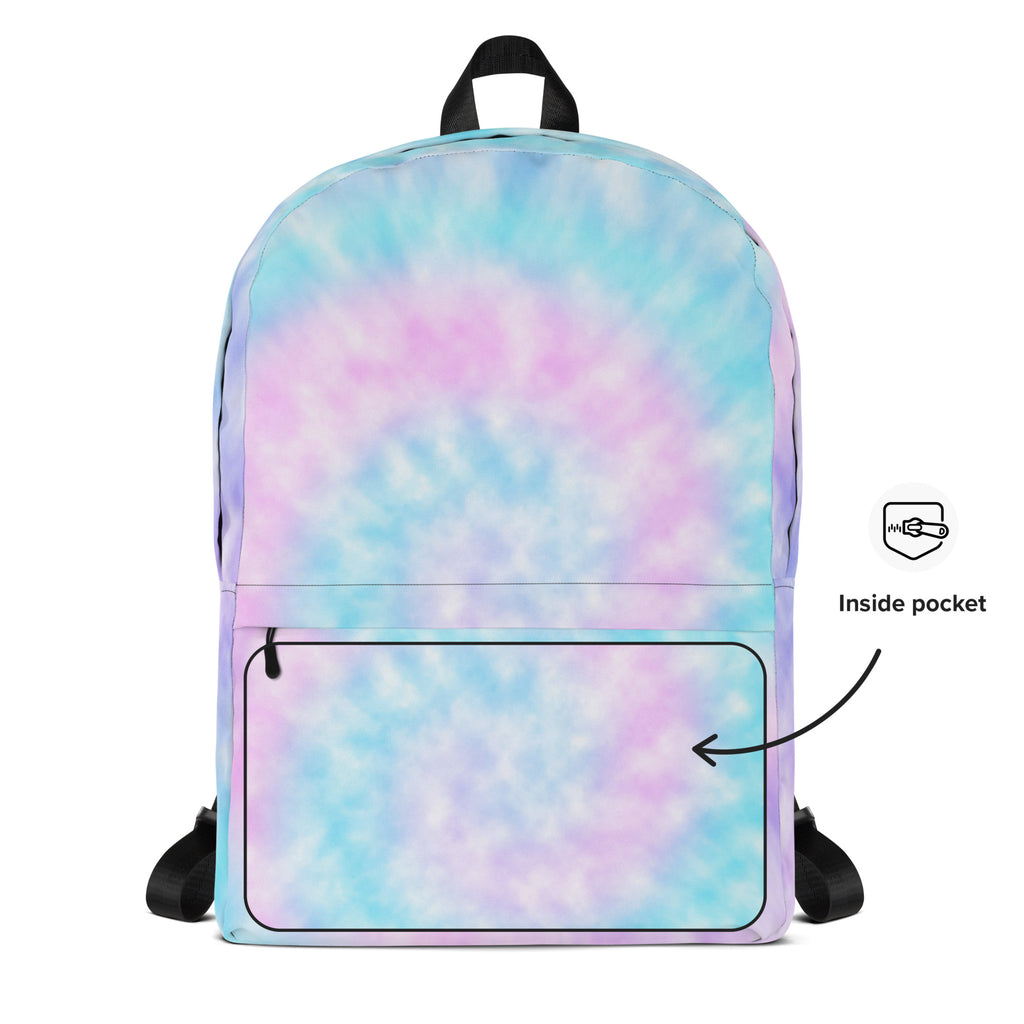 Girls custom name faux tie dye backpack in pastel colors with black straps and top handle for school use