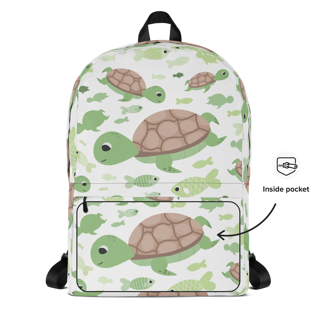 Kids sea turtles backpack white with green turtle and fish pattern black straps and top handle for children